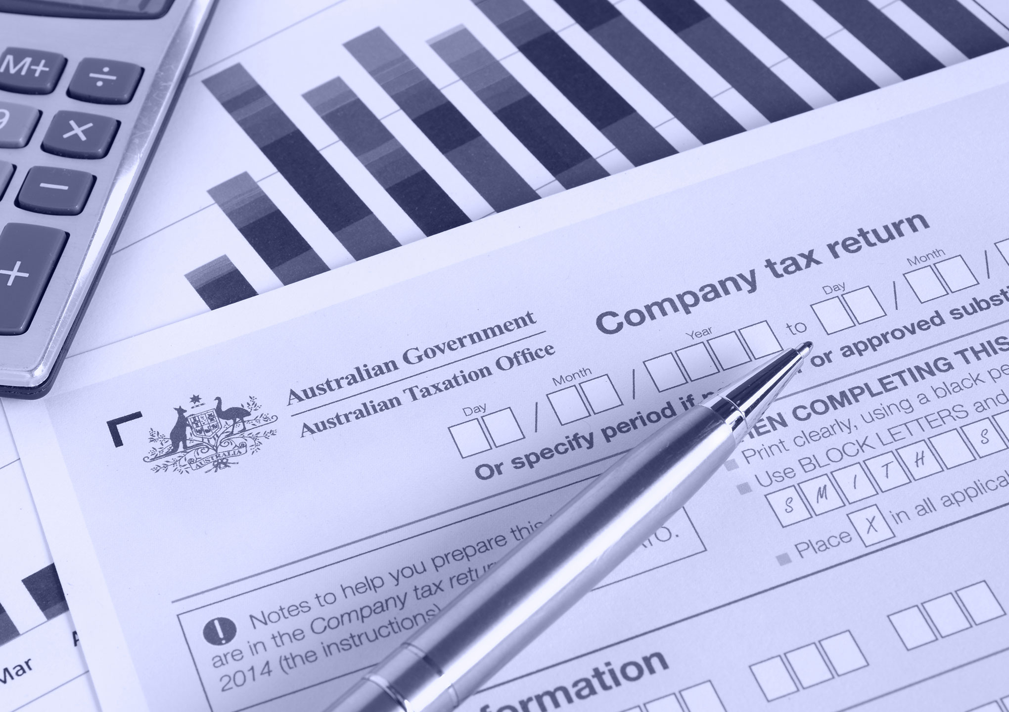 company-tax-return Australian annual company tax return with spreadsheet graph and calculator in blue tint